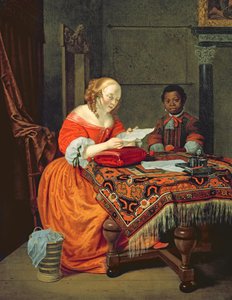 Uma Mulher a Ler uma Carta com um preto na Presença, 1670