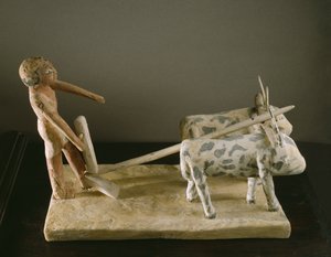 Modelo funerário de um lavrador conduzindo seu arado puxado por dois bois (madeira pintada)