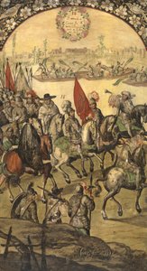 Hernan (ou Hernando) Cortes ou Fernand Cortez (1485-1547) et sa suite arrivent au tenochtitlan (mexique) - The Conquest of Mexico by Hernan Cortes par Gonzalez, Miguel and Juan (active End of 17th cen.). Óleo sobre madeira, tamanho : 97x53