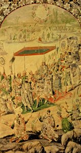 Um de um par de painéis retratando o encontro entre Hernando Cortes (1485-1547) e Montezuma (1466-1520): Montezuma e seus seguidores, 1698