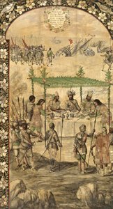 Ordena a Destruição dos Navios e Encontros com os Embaixadores de Montezuma (Moctezuma, Moteuczoma, Motecuhzoma) (1466-1520) em 1520 - A Conquista do México por Hernán Cortes par González, Miguel e Juan (final ativo do 17º cen.). Óleo sobre madeira, tamanh