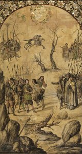 A Conquista do México por Hernán Cortes par González, Miguel e Juan (em atividade no final do 17º cen.). Óleo sobre madeira, tamanho : 97x53