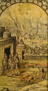 A Conquista do México por Hernán Cortes par González, Miguel e Juan (em atividade no final do 17º cen.). Óleo sobre madeira, tamanho : 97x53