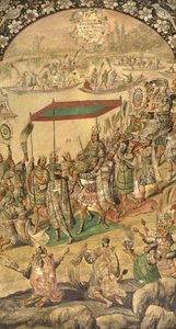Acolhimento de Montezuma (Moctezuma, Moteuczoma, Motecuhzoma)(1466-1520) - A Conquista do México por Hernán Cortes par González, Miguel e Juan (final ativo do 17º cen.). Óleo sobre madeira, tamanho : 97x53 de Miguel and Juan Gonzalez