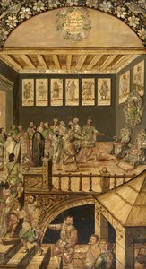 a Visita de Hernando Cortes (1485-1547) a Montezuma (Moctezuma, Moteuczoma, Motecuhzoma) (1466-1520) em 1520 - A Conquista do México por Hernan Cortes par González, Miguel e Juan (final ativo do 17º cen.). Óleo sobre madeira, tamanho : 97x53