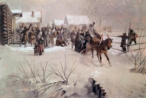 O czar Alexandre II (1818-1881) num trenó atravessa uma aldeia sob a aguarela de neve de Mihaly von Zichy (1827-1906) São Petersburgo do século XIX, Castelo de Peterhof
