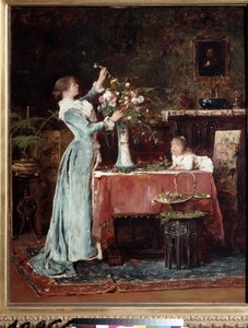"Composing a Bouquet" Uma mulher burguesa (húngara?) que prepara um bouquet de flores, a sua filha olha para cima. Pintura por Mihaly Munkacsy (1844-1900) 1880 aproximadamente Museu Pushkin, Moscovo de Mihály Munkácsy