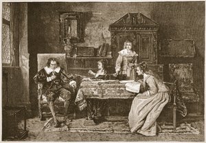 Milton ditando "Paradise Lost", ilustração de "A Igreja da Inglaterra: Uma História para o Povo" por HDM Spence-Jones, pub. c.1910 (foto sépia) de Mihály Munkácsy