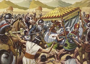 Os espanhóis derrubam o Império Inca do Peru. (litografia a cores) de Mike (20th century) White