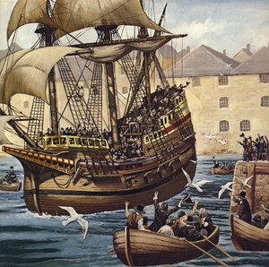 Westward Ho! O Mayflower deixa Plymouth Ho em 16 de setembro de 1620 (litografia a cores)