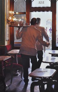 Empregados de mesa dançarinos, 2019 (óleo sobre linho) de Mike Briscoe