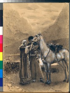 O Adeus de Zara e Ismail - Ilustração do poema "Izmail-bey" (Izmail bey) de Mikhail Lermontov (1814-1841) - Obra de Mikhail Alexandrovich Vrubel (Vrubel) (1856-1910) de Mikhail Aleksandrovich Vrubel