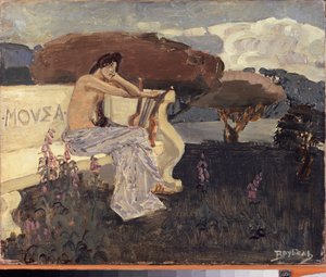Muse - Design para uma Cortina de Teatro - Pintura de Mikhail Alexandrovich Vrubel (Vrubel) (1856-1910), óleo sobre tela, ca. 1890 - Arte cénica russa de Mikhail Aleksandrovich Vrubel