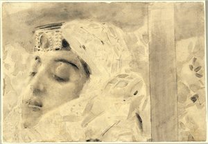 Tamara num caixão - Ilustração do poema "O Demónio" de Mikhail Lermontov (1814-1841) - Obra de Mikhail Alexandrovich Vrubel (Vroubel) (1856-1910) de Mikhail Aleksandrovich Vrubel