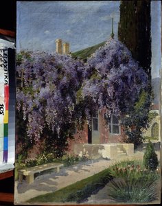 Une maison entrelacee de glycines (Uma casa entrelaçada com wisteria). Peinture de Mikhail Alexandrovich Alisov (1859-1933). Huile sur toile, 62,3 x 44,4 cm. Ecole russe debut 20e siecle. Museu de Arquitectura e Arte, Alupka, Ucrânia. ©FineArtImage/Leemage de Mikhail Alexandrovich Alisov