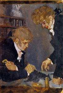 Frederic Georges Cuvier (1773-1838) e Etienne Geoffroy Saint Hilaire (1819-1842) (F. G. Cuvier e E. G. Saint Hilaire). Os dois cientistas observam o cadáver de um animal. Obra de Mikhail Dmitrievich Ezuchevsky (1880-1928), óleo sobre papel