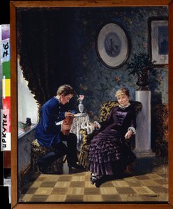 Os começos (The Debut). Em uma sala de estar, cabeça a cabeça entre um jovem tímido, que está segurando um livro e uma jovem sorridente, uma declaração de encontro de amor. Pintura de Mikhail Georgievich Malyshev (1852-1914), óleo sobre tela de Mikhail Georgievich Malyshev