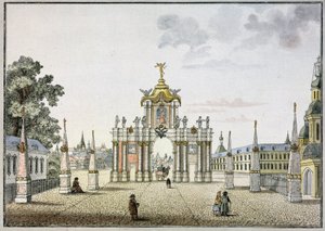 Os Portões Vermelhos em Moscovo. Arco triunfal barroco, construído no século XVIII, demolido em 1928. Trabalho de Mikhail Ivanovich Makhaev (1718-1770), aguarela e tinta sobre papel, ca. 1790. Arte russa de Mikhail Ivanovich (after) Makhaev