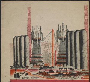 Ilustração do livro para crianças ""Combinat metallurgique Kuznets : un geant socialiste"" - Ilustração para o livro infantil ""Kuznets Metallurgical Combine: A Socialist Giant"", de Gurevich, Mikhail Lvovich (1904-1943). Litografia colorida de Mikhail Lvovich Gurevich