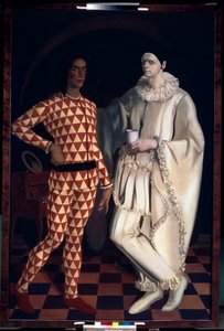 Arlequim e Pierrô (Auto-retratos, em trajes da Comedia dell Arte) - Arlequim e Pierrô (Auto-retratos) - Pintura de Alexander Yevgenyevich Yakovlev (Alexandre Iacovleff) (1887-1938), óleo sobre tela