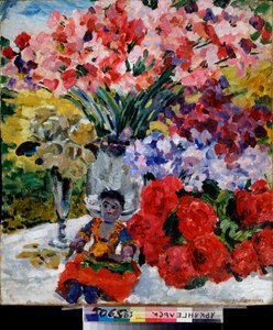 Flores e um boneco - Pintura de Mikhail Nikolayevich Yakovlev (1880-1942), óleo sobre tela