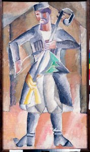 Músico (Sas Musician) - Retrato de um músico, em vestido tradicional, com o seu instrumento, uma espécie de hurdy-gurdy vertical com duas cordas esticadas, tocado com um arco - Pintura de Mikhail Vasilyevich The Dantyu (1891-1917), óleo sobre tela - Arte r de Mikhail Vasilevich Le Dantu
