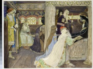 La mort du grand duc Alexandre Nevski (1220-1263). (A morte do Grão-Duque Alexandre Nevski). Oeuvre de Mikhail Vasilyevich Nesterov (1862-1942), aquarelle et gouache sur papier de Mikhail Vasilievich Nesterov