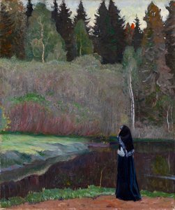 "The Nightingale is Singing" Uma freira que ouve o canto das aves - Pintura de Mikhail Vasilyevich Nesterov (1862-1942) 1918 Dim 81x68,5 cm Colecção privada de Mikhail Vasilievich Nesterov