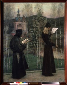 Tocando os Sinos. Dois monges lendo enquanto caminham em direcção a uma igreja no fundo. Pintura de Mikhail Vasilyevich Nesterov (1862-1942), óleo sobre tela de Mikhail Vasilievich Nesterov