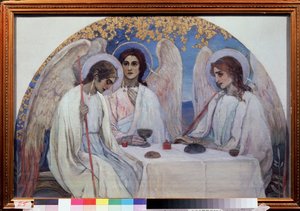 A hospitalidade de Abraão. A Trindade do Antigo Testamento. Representação dos três anjos que apareceram a Abraão perto do Carvalho de Mambre. (A hospitalidade de Abraão (Trindade do Antigo Testamento). Pintura de Mikhail Vasilyevich Nesterov (1862-1942), ó