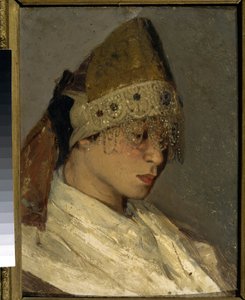 Uma rapariga usando uma Kokochnik (Uma rapariga com Kokoshnik). Cabeleireiro alto tradicional das mulheres russas, amarrado atrás com fitas, a frente é decorada com missangas e bordados. Pintura de Mikhail Vasilyevich Nesterov (1862-1942), óleo sobre madei