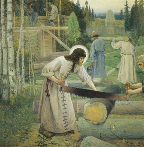 São Sérgio trabalha Tríptico, parte média, 1896 de Mikhail Vasilievich Nesterov