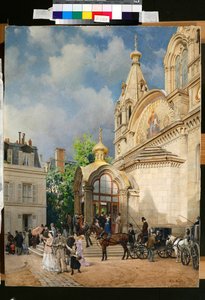 Pessoas deixando uma Igreja Ortodoxa - Obra de Mikhail Yakovlevich Villie (1838-1910) de Mikhail Yakovlevich Villie