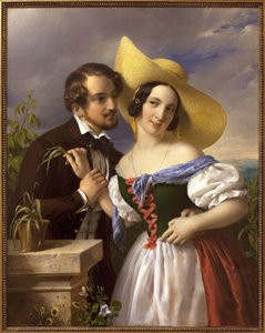 A piada de amor Cena de sedução e flerte. Pintura de Miklos Barabas (1810-1898), óleo sobre tela
