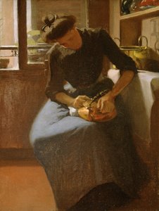 Mulher a polir uma chaleira, c.1912 (óleo sobre tela) de Minerva Josephine Chapman