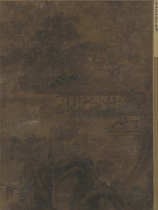 Paisagem: dois homens em um pavilhão sob árvores