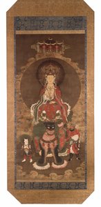 O Bodhisattva Mañjusrî sobre um leão, finais do século XIV (tinta, cor e pigmento dourado sobre seda) de Ming Dynasty Chinese School