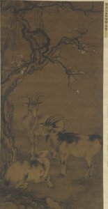 Três, cabras, sob, um, florescendo, ameixa, árvore, 16th-17th, século