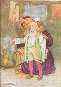 Eles o despojaram de seu veludo e penas e rendas (da história Edwy and the Echo), ilustração de A Staircase of Stories publicada por Thomas Nelson & Sons Ltd 1940 (lito colorido)