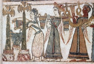 Detalhe, afresco no sarcófago de Hagia Triada de Minoan