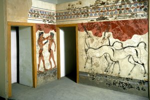 Arte Minoana: "Animais e lutadores de luta" Fresco de Akrotiri em Santorini. Século XVI a.C. Athenes, Museu Nacional de Arqueologia de Minoan