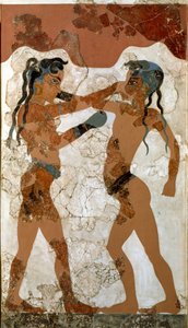 Arte Minoana: "luta entre dois pugilistas" Fresco de Akrotiri a Santorini. Século XVI a.C. Athenes, Museu Nacional de Arqueologia - Arte Minoana: Boxe masculino Minoano. Fresco de Akrotiri, Santorini Século XVI a.C. Museu Nacional de Arqueologia, Athenes. de Minoan