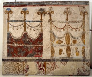 A civilização minóica: representação de dois portais (Ikria). Fresco da bacia lustral do edifício Xeste 3 de Akrotiri (Thera), Santorini