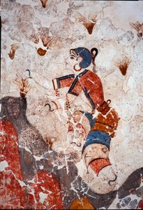 Civilização minóica: mulheres a colher açafrão. Detalhe de um afresco da bacia lustral do Xeste 3 em Akrotiri (Thera), Santorini. Dim. 244x266 cm Século XVI a.C. Santorini, Colecção de frescos de Akrotiri a Thera - Civilização minóica: mulheres apanhando a