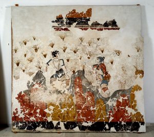 Civilização minóica: mulheres a colher açafrão. Fresco da bacia lustral do Xeste 3 em Akrotiri (Thera), Santorini. Dim. 244x266 cm Século XVI a.C. Santorini, Colecção dos frescos de Akrotiri a Thera.