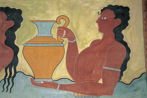 Grande plano de um mural na parede de um palácio, Palácio de Minos, Knossos, Creta, Grécia de Minoan