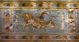 Detalhe do touro pulando afresco. Encontrado em Knossos de Minoan