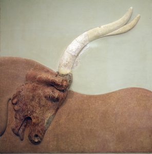 Arte Minoana. Fragmento de fresco em relevo de gesso mostrando um touro caçado. Do palácio Minoan em Knossos. 1600 - 1450 BC. Museu Arqueológico, Herakleion, Creta. de Minoan