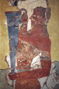 Arte minóica. O "Cup-Bearer", uma figura da procissão Fresco. Reconstrução original dos poucos fragmentos encontrados por A. Evans no sítio arqueológico de Knossos e agora expostos no Museu Arqueológico de Herakleion. Mostra um homem jovem com um longo neg de Minoan