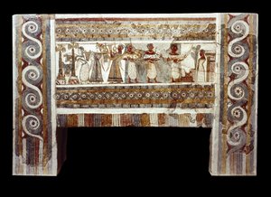 Cena de culto aos mortos, fresco sobre o sarcófago de Haghia Triada de Minoan